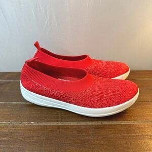 Fitflop Uberknit Slip-On Shoes Ballerina Flats Red Sparkle Women's 7 Comfort‎